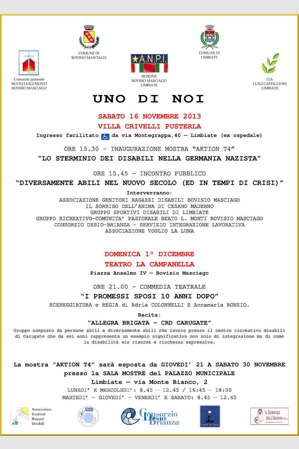 Manifesto evento in villa Crivelli UNO DI NOI