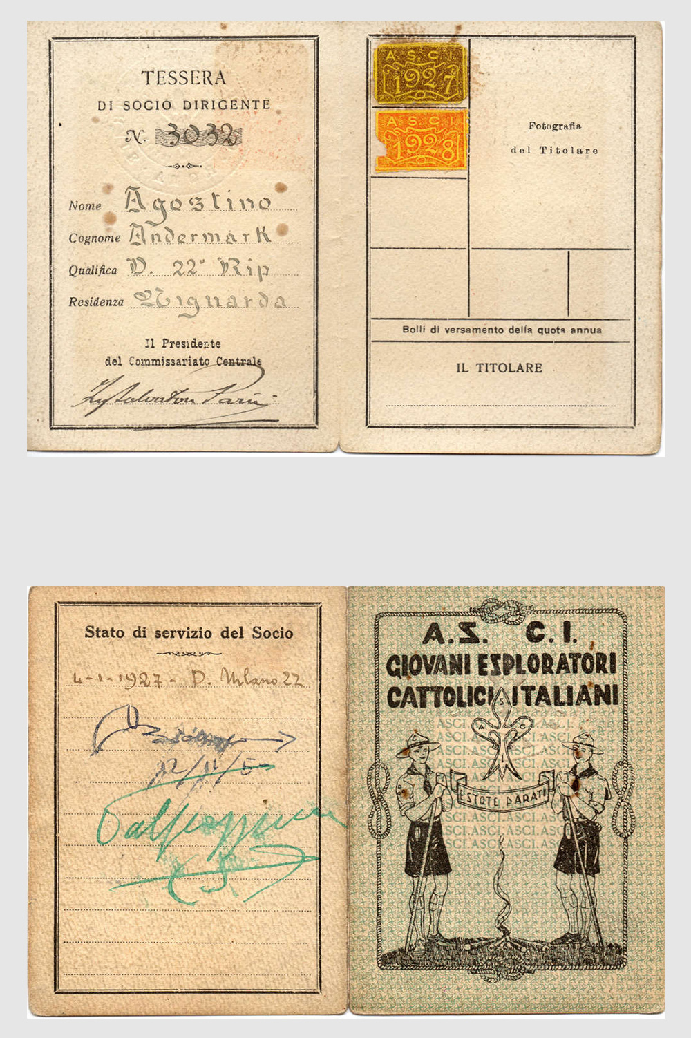 Foto, tessera ASCI di Agostino Andermark anni 1927 e 1928