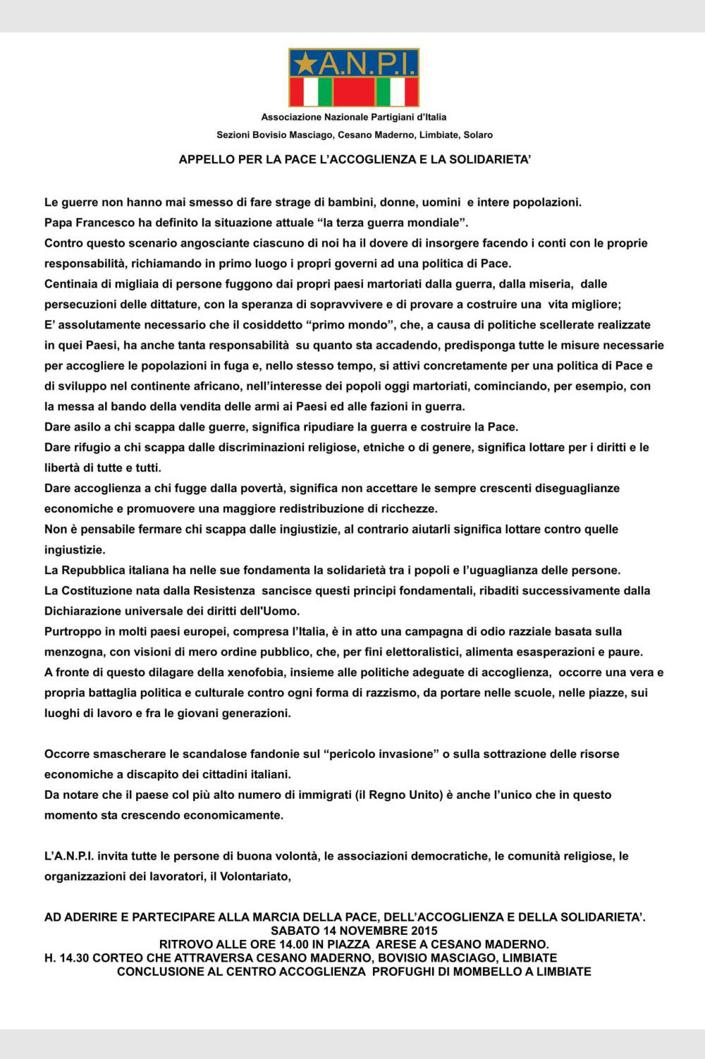 Appello alla partecipazione per una marcia che scofigga tutti i terrorismi per una vera solidarietà intrnazionale 