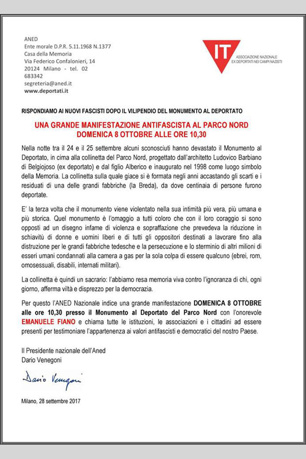 foto Manifesto Comunicato ANED sull'ennesima provocazione fascista.