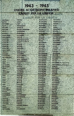 foto, targa in memoria dei caduti della resistenza milanese in cui sono ricordati Biraghi Oreste, Biga e Mario  Moi Antonio